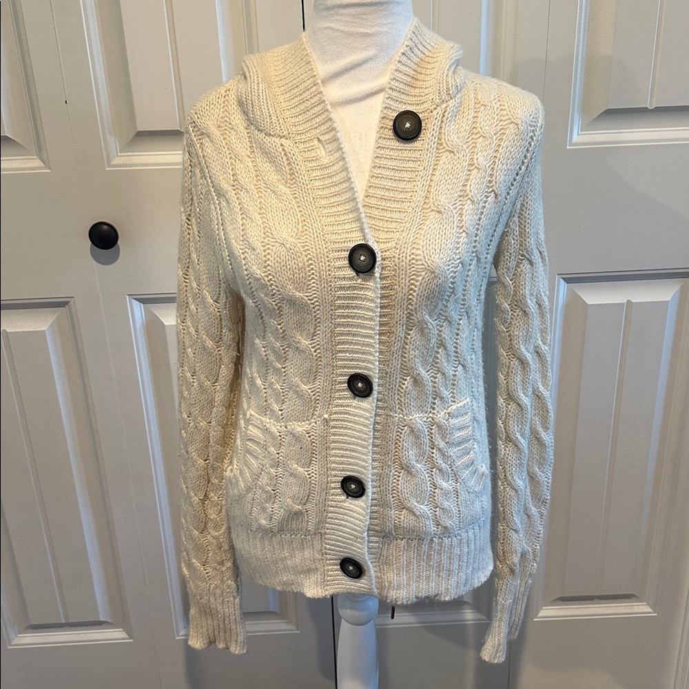 Aeropostale Large Vintage Y2K Cream Hooded Ramie-Blend Knit Cardigan Sweater